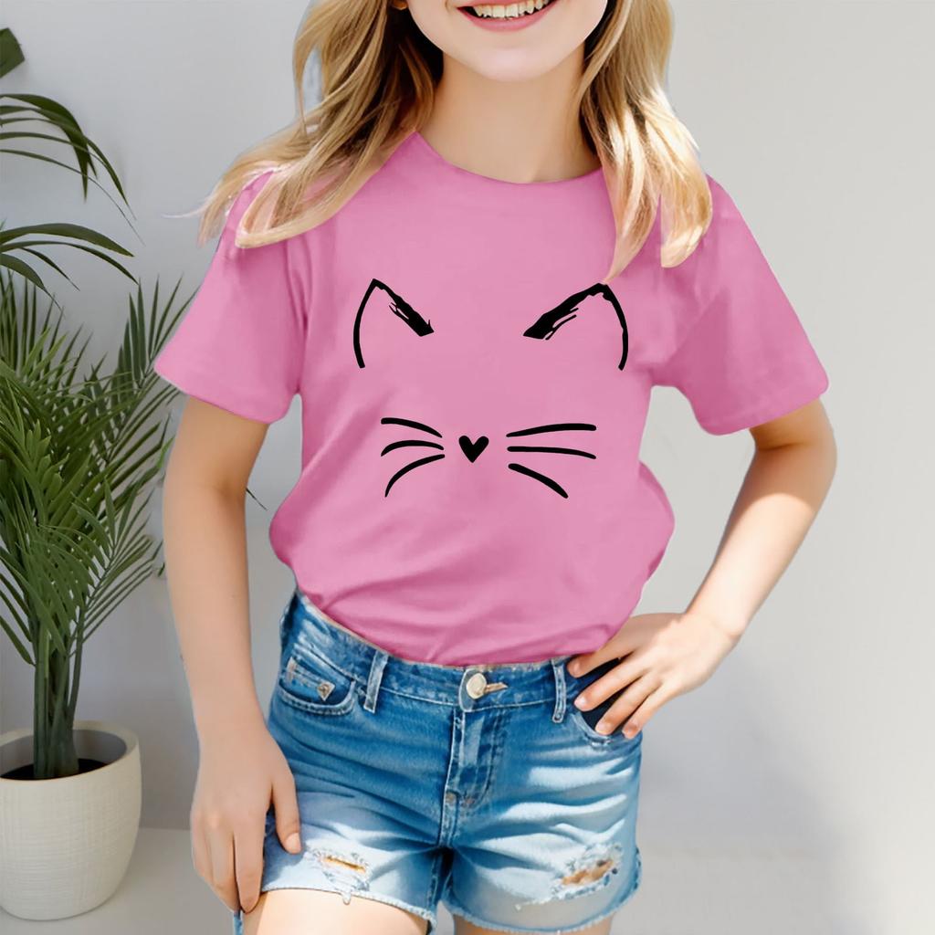New Cat Face Print Children T-Shirt Short Sleeve Round Neck Loose Kids T-Shirt Ladies T-Shirts Children Casual T-Shirt Clothing