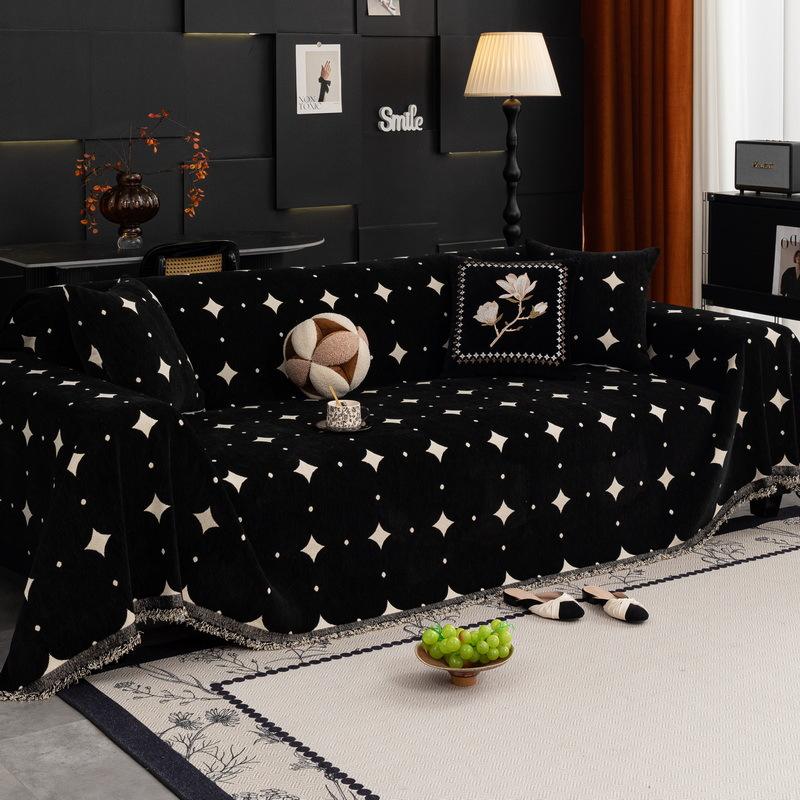 

Полотенце для дивана EIFLOY-Chenille, чехол-одеяло, чехол для углового дивана в гостиной, универсальный чехол, цельный, с бахромой, 3 места 180x130cm чёрный