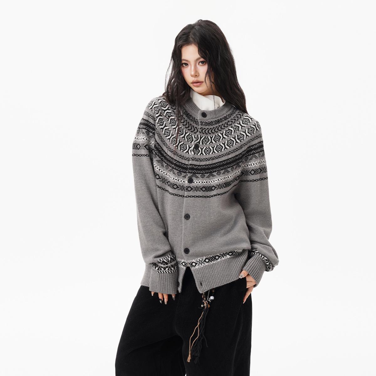 Унисекс кардиган с жаккардовым узором Fair Isle – Осенний свободный вязаный свитер-куртка 2XL серый