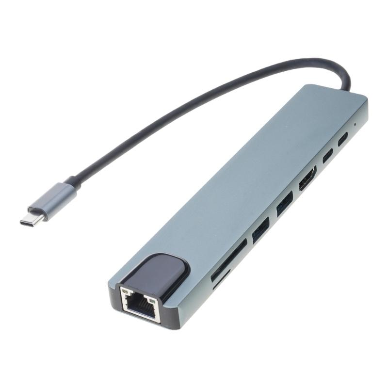 Portable 5/8 In 1 Type C Adapter with 4K USB HDMI2.0 Output and Gigabit Ethernet for Laptops and Gaming Consoles