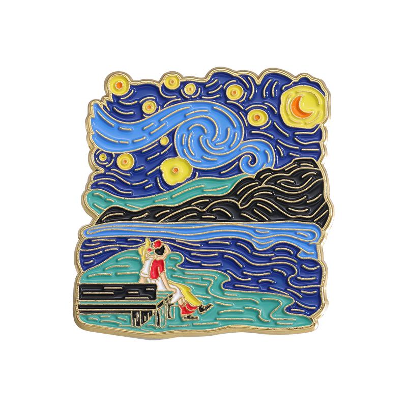Art Oil Painting Enamel Pins Custom Night Starry Sky Brooches Lapel Badges Punk Gothic Animal Jewelry Gift for Kids Friends
