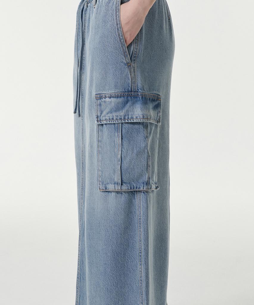 Musinsa Standard Woman Women'S Denim Cargo Elastic Waist Maxi Skirt [Light Indigo]