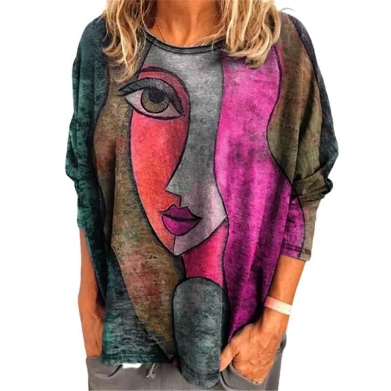Abstract Art Pattern Print Women's T-Shirt Long Sleeve Autumn O Neck Lady Clothes Tops Oversized Harajuku Streetwear Female Tees