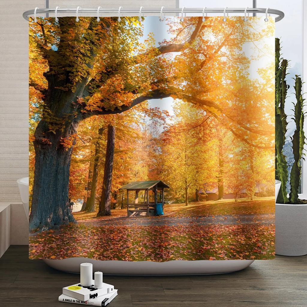 Fall Forest Natural Scene Shower Curtain for Bathroom Autumn Maple Tree Plants Rural Landscape Pumpkin Waterproof Shower Curtain
