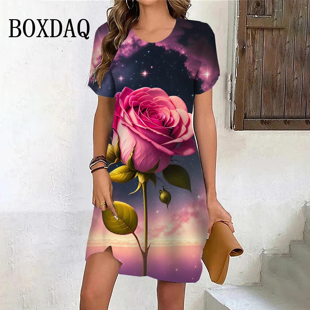 Nowe Letnie Sukienki na Imprezę Plażową Dla Kobiet Vintage Tie Dye Czerwony Różowy Kwiatowy Wzór Sukienka Krótki Rękaw Pulower Luźna Duży Rozmiar Sukienka