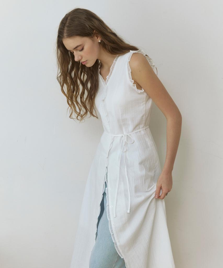 Adowl Lace Frill Line Jacquard Long Dress - White