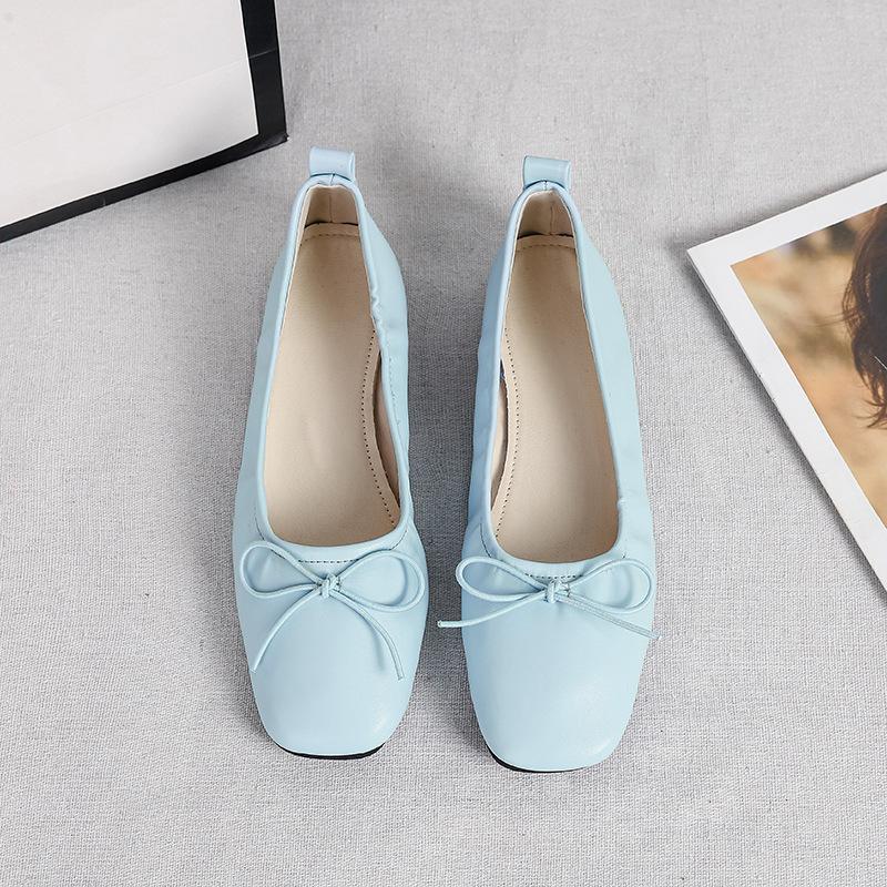 Flat Shoes Women Plus Size 44 Spring Square Head Shallow Mouth Single Shoes Flat Sole Versatile Soft Sole Bow Women's Shoes