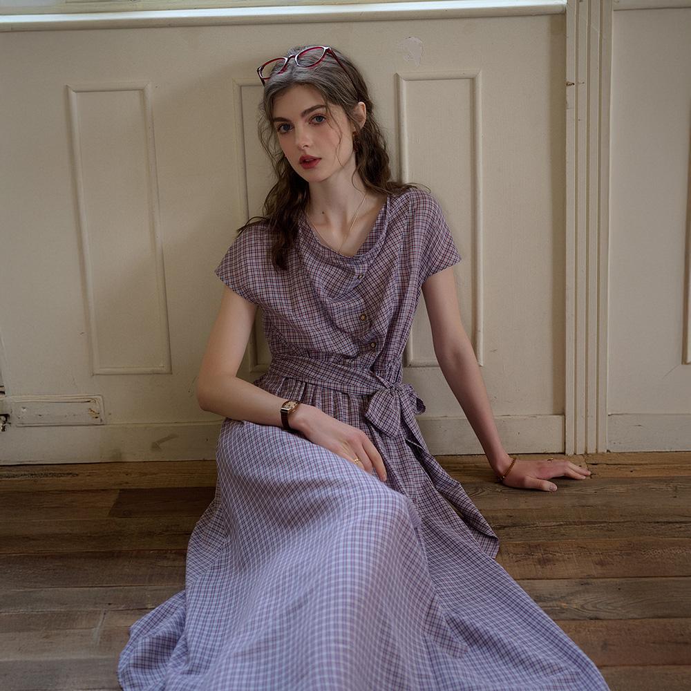 Simpeulleteulo Sr_Check Swing Neck Tencel Dress