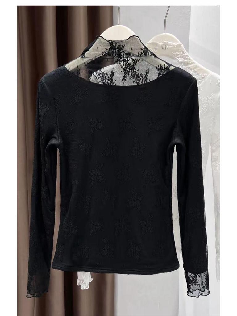 Ruffled Semi-High Neck Lace Base Layer - Fleece-Lined, Thickened, Warm Top for Autumn/Winter