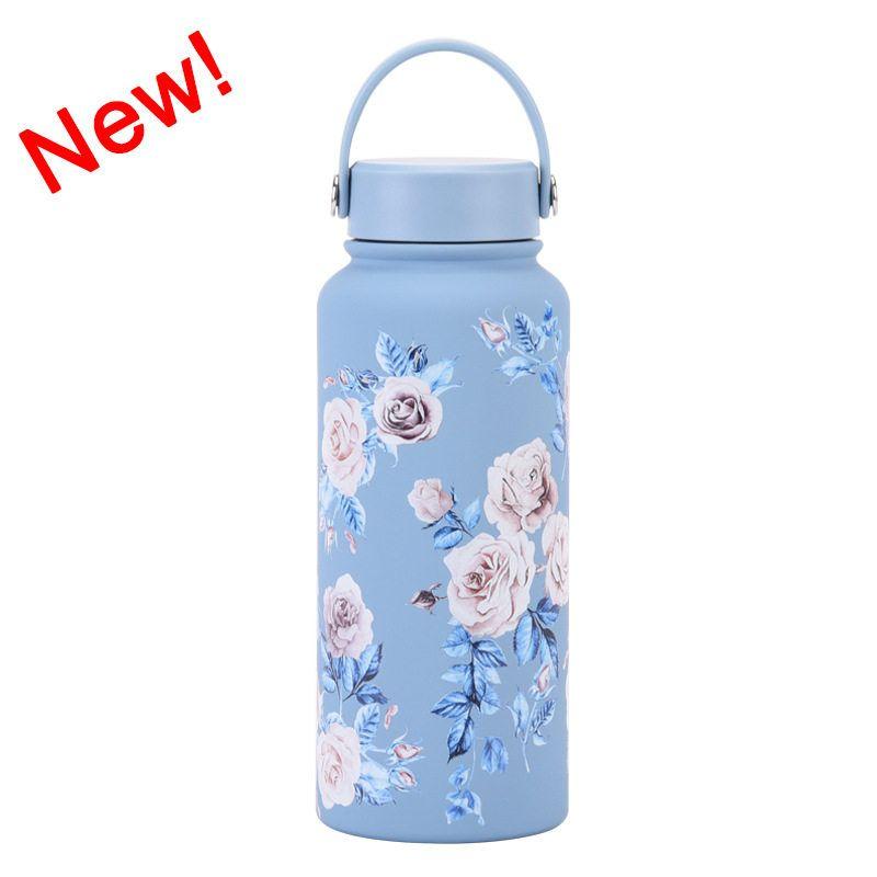 2025 New Model 1L Large Capacity Thermos Cup with Wide Mouth, Portable Handle, Sports Water Bottle, Outdoor Printed Water Cup for Women