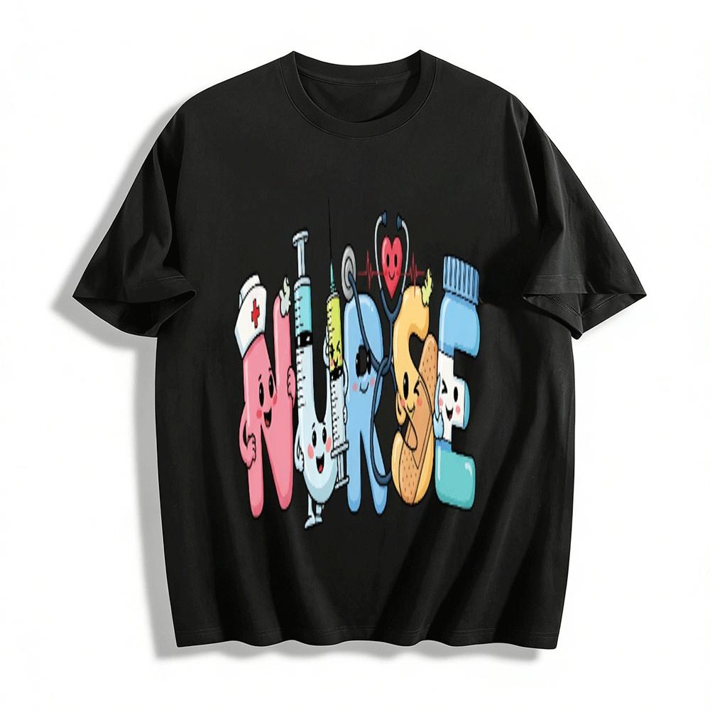 Cute Nurse Themed Graphic Print Casual Short Sleeve Top Pure cotton T-shirt XXS