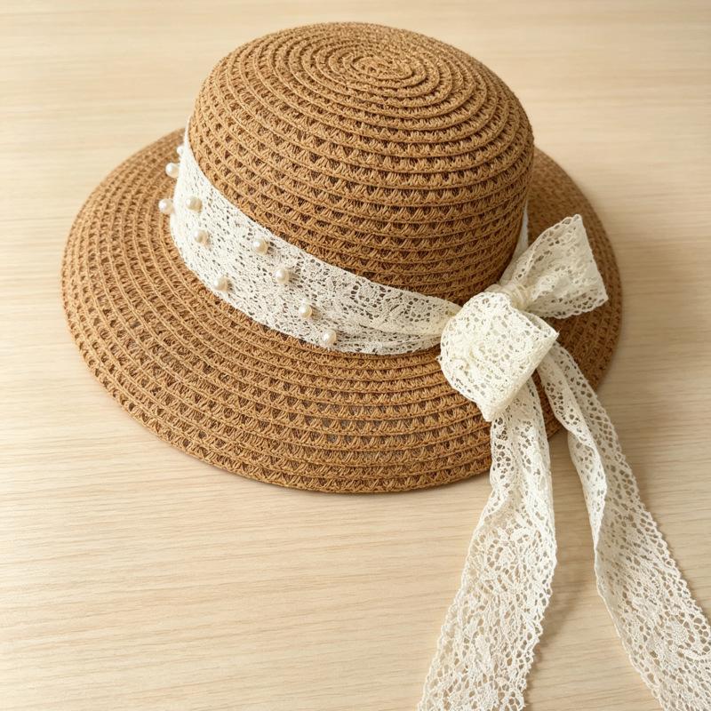 Pearl French Summer New Streamer Flat Top Sun Hat Sunscreen Straw Hat Breathable Bucket Hat Hepburn Hat Lace
