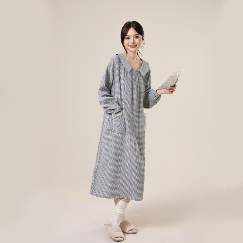 2025 Autumn Women's Soft Breathable Cotton Gauze Long Dress - Casual Home & Nightwear