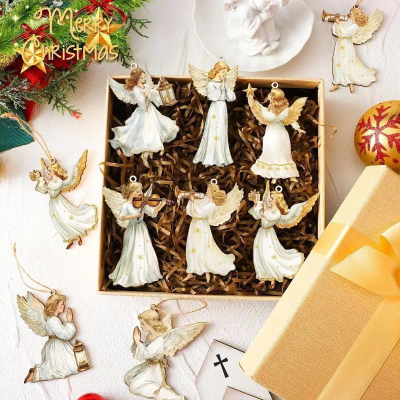 Vintage Christmas Angel Wooden Hanging Ornaments 12Pcs Rustic Wood Pendants for Xmas Tree Party Home Holiday Decor