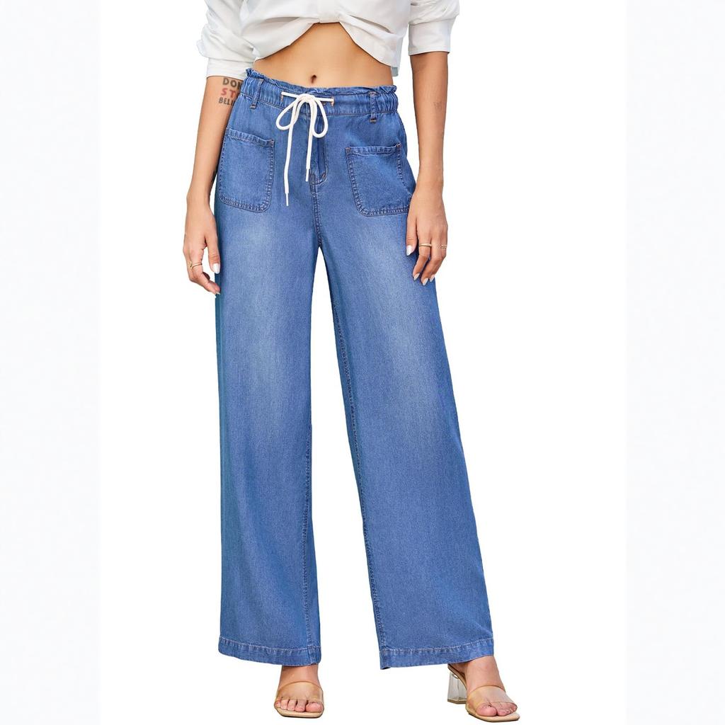 Women's Wide Leg Jeans  Lightweight Straight Leg Baggy Drawstring Denim Pants