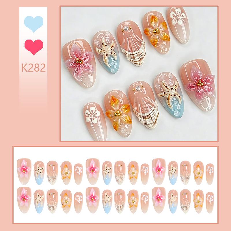 3D Flower Short Almond Beach Vacation Nails with Shell and Starfish Design
