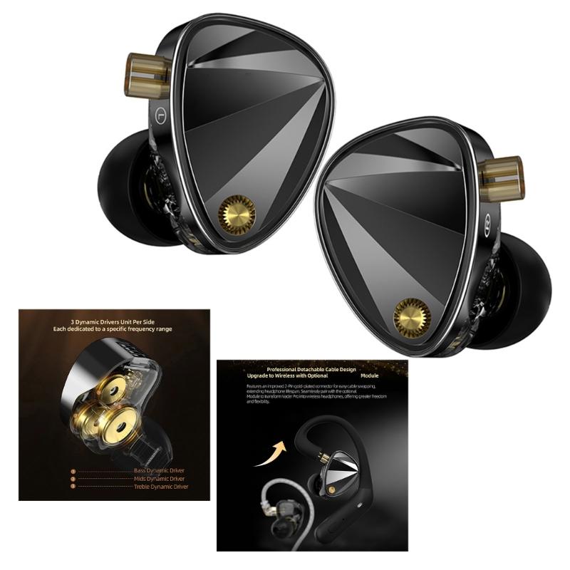 Professional Acoustics Tuning 3 Dynamic Driver Earphones Adjustable Rotating Design Braideds Cable For Audiophiles