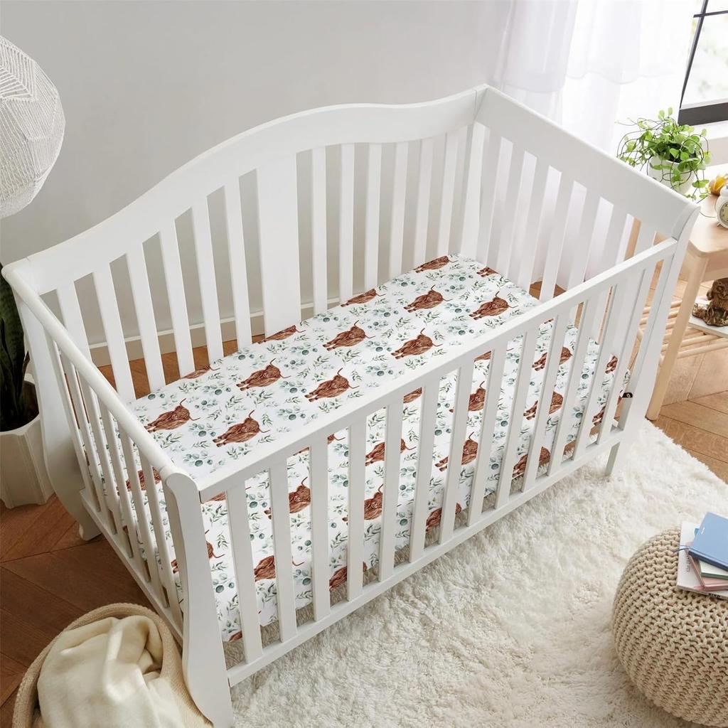 HawSkgFub Highland Cow Eucalyptus Leaf Fitted Standard Crib Sheet for Baby Boy Girl, Neutral Western Farm Animal Yak Toddler Mattress Cover, Soft