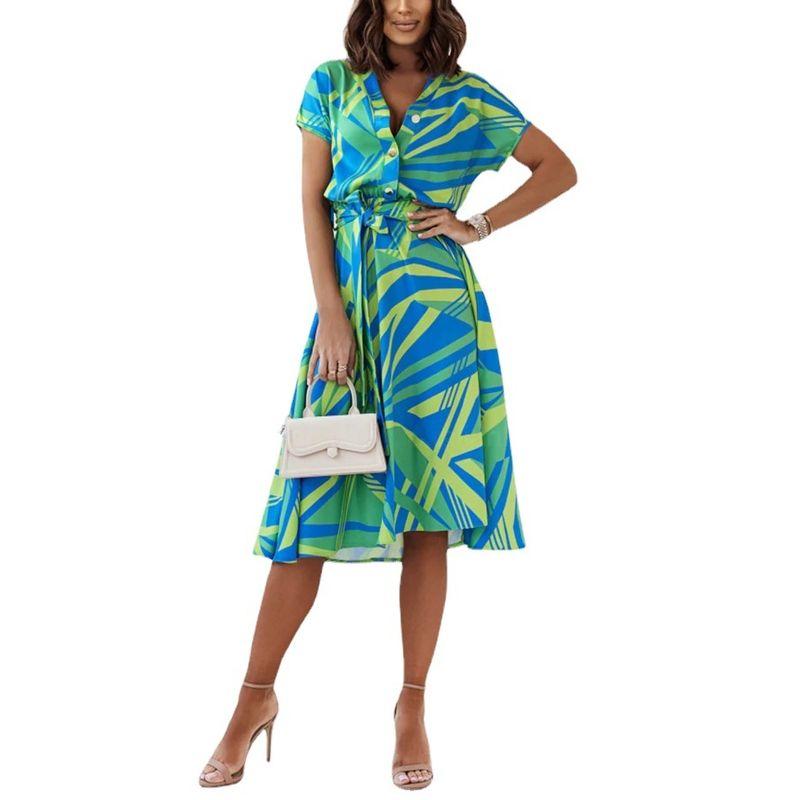 Printed Waist Dress Women's Clothing Summer Fashion Style Fashion Temperament Printed Short Sleeve V Neck Dress
