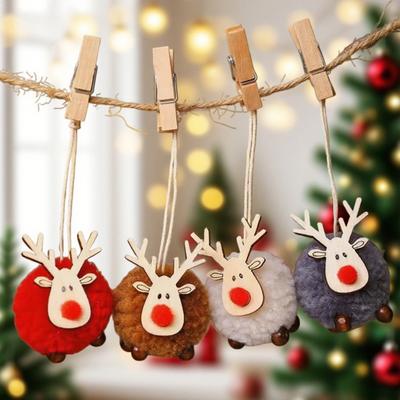 Pompon Rentier Weihnachtsornament Plüsch Elch Hängeornamente Holz Elch Scheiben Weihnachtsbaum Anhänger für Zuhause Party Feiertagsdeko