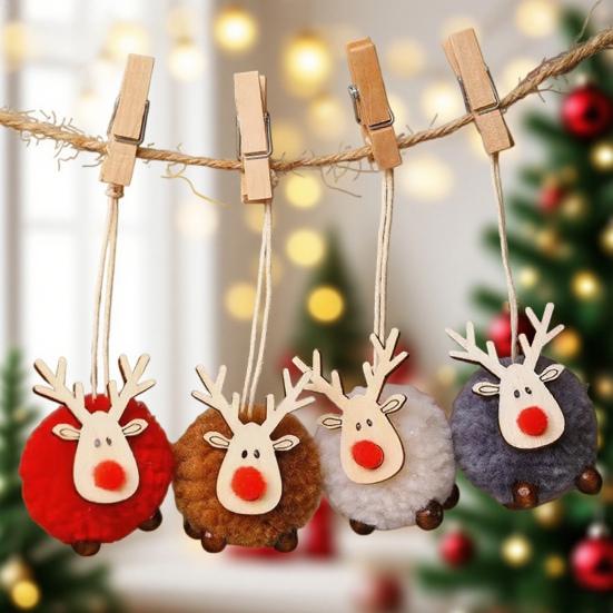 Pom Pom Reindeer Christmas Ornament Plush Elk Hanging Ornaments Wooden Deer Slices Xmas Tree Pendants for Home Party Holiday Decor