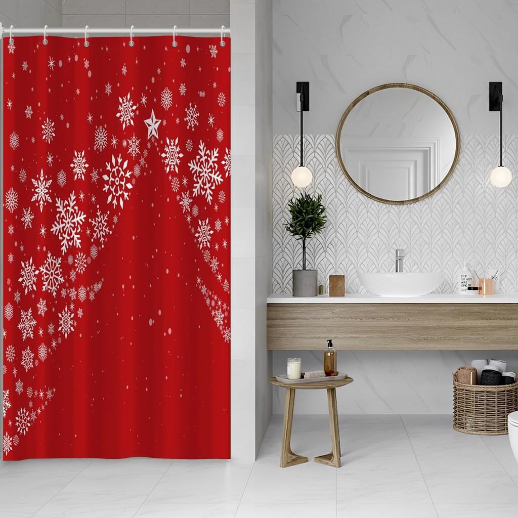 Julduschdraperi för Badrum Rött Julfest Duschdraperi Set med Krokar Älg Julgranar Snöflingor Dekor Vattentät