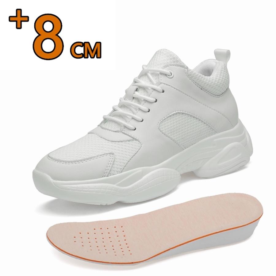 Fashion Men Mesh+Leather Elevator Sneakers 8cm Insole Height Increased Shoes Teenager Unisex Hidden Heels Inner Heightening Lift Sports