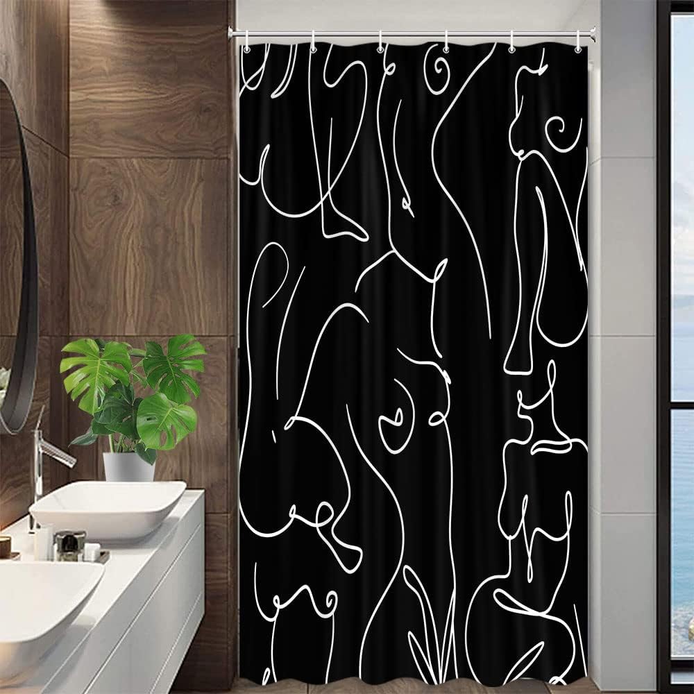 Nude Adults Shower Curtain, Black and White Abstract Line Minimalist Nordic Style Modern Shower Curtain Sets, Boho Retro Simple