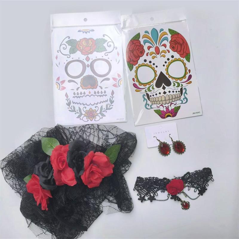 Halloween Party Essential Set: Tulle Headband, Skull Festival Hair Hoop, Gloves & Necklace for Day of the Dead Masquerade