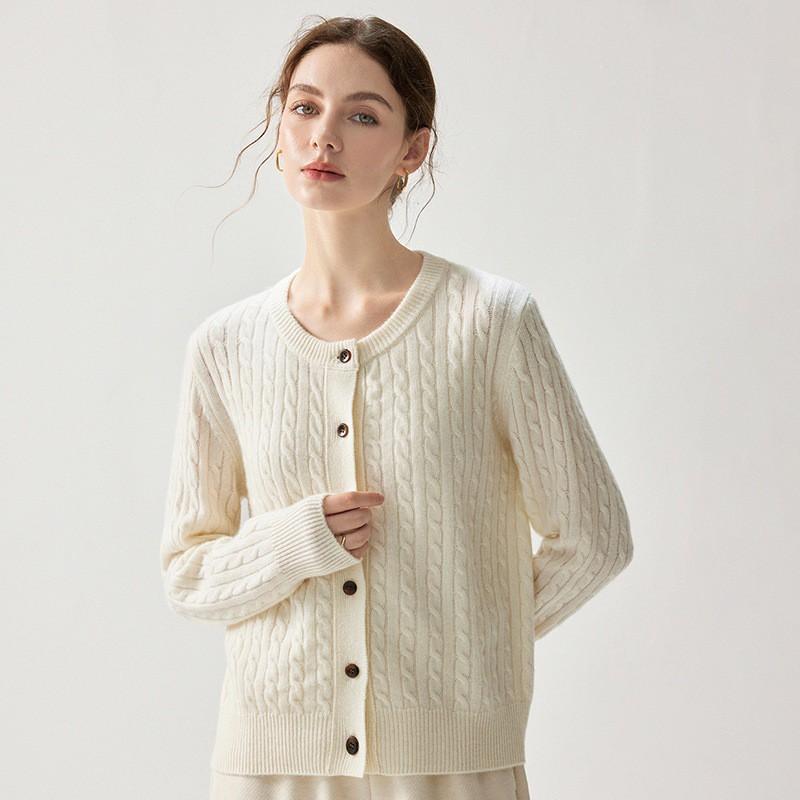 Womens Thick Cable Knit Cashmere Cardigan Round Neck Single Breasted Loose Fashion Sweater Winter