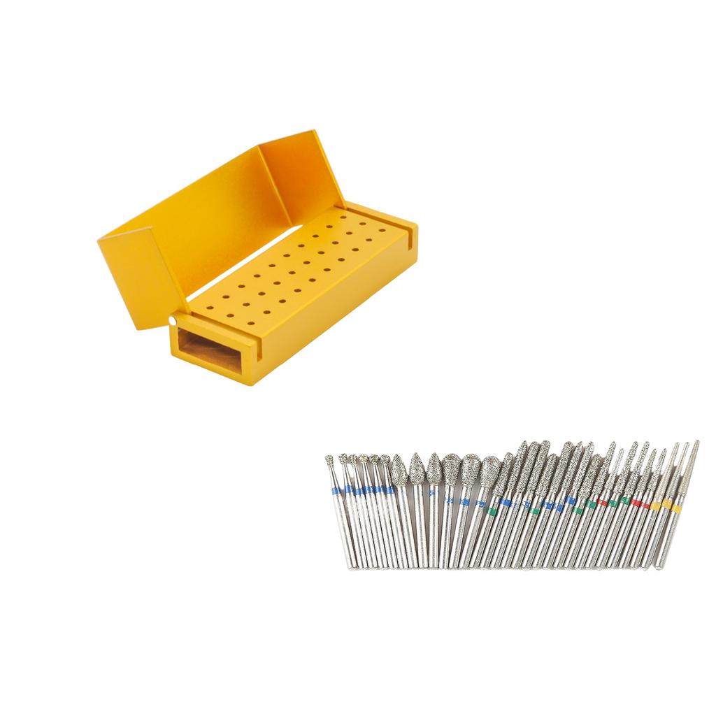30Pcs Dental Diamond Burs Drill With Aluminum Disinfection Block Autoclavable High Speed Handpiece Burs Holder