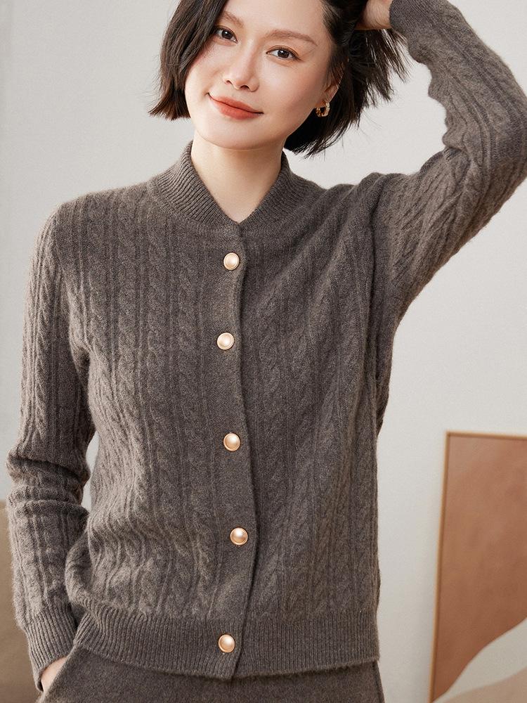 Women's Plus Size Cashmere Stand Collar Thick Knit Cardigan Sweater, Long Sleeve Loose Fit.