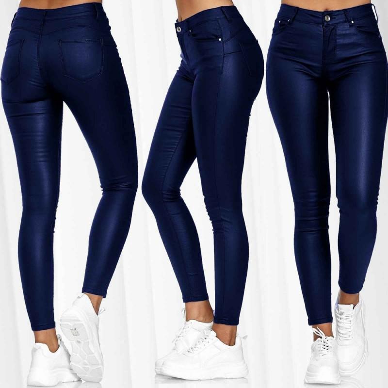 High Waist PU Leather Slim Fit Casual Pants Women Black Blue Burgundy Stretch Fitted Trousers