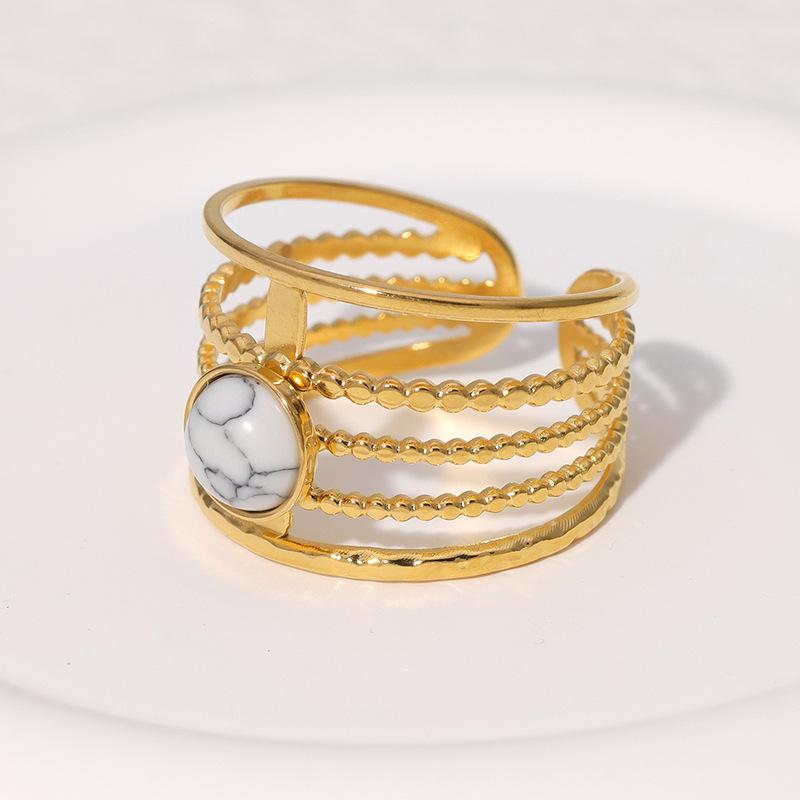 

French Textured Natural Stone Rings Woman New 18K Gold Colour Stainless Steel Ring Egyptian Style Accessories Bridal Zircon resizable