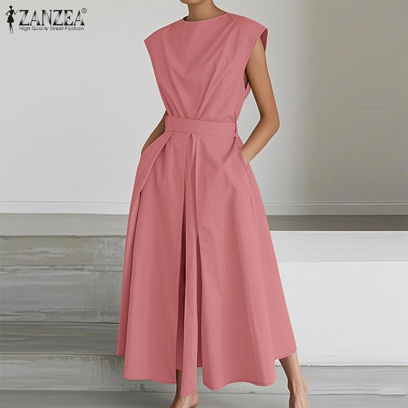 ZANZEA Women Casual Round Neck Summer Sleeveless Long Dress