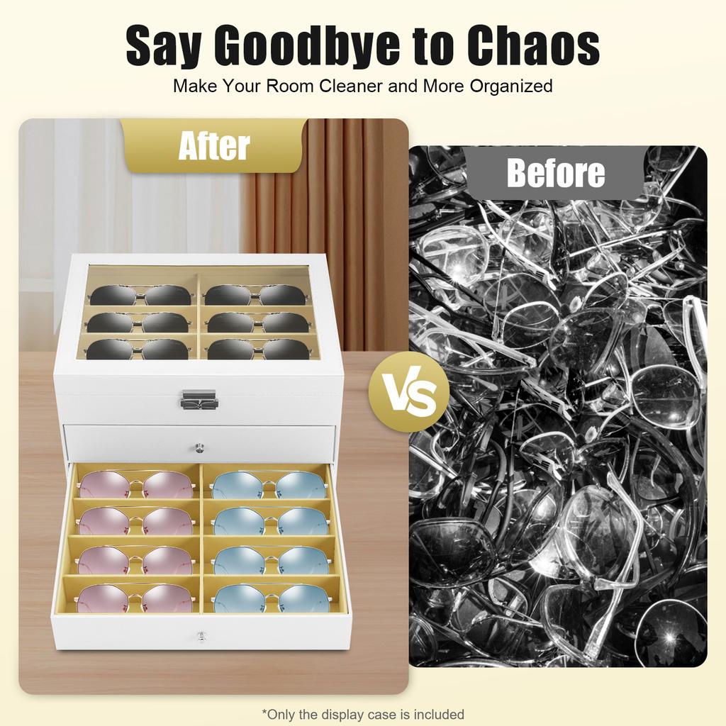 24-Slot Eyeglass Display Case with Lock, 3-Tier Glasses Jewelry Organizer Storage Cabinet with Glass Lid for Home Shop Office