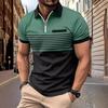 New Striped Printed Short Sleeve Top Men's Casual Lapel Zip Polo Shirt Polo