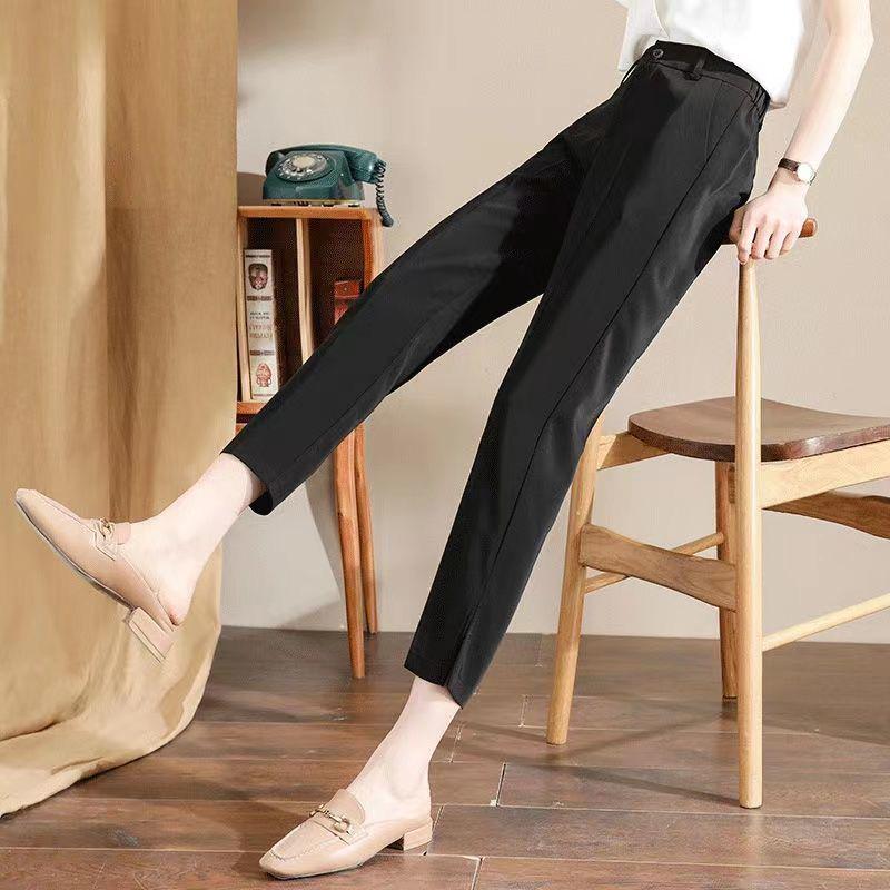 

Women s High Waist Apricot Slimming Ice Silk Pants - Petite Straight Nine-Point with Split Hem, All-Season Wear S (85-95 jin)