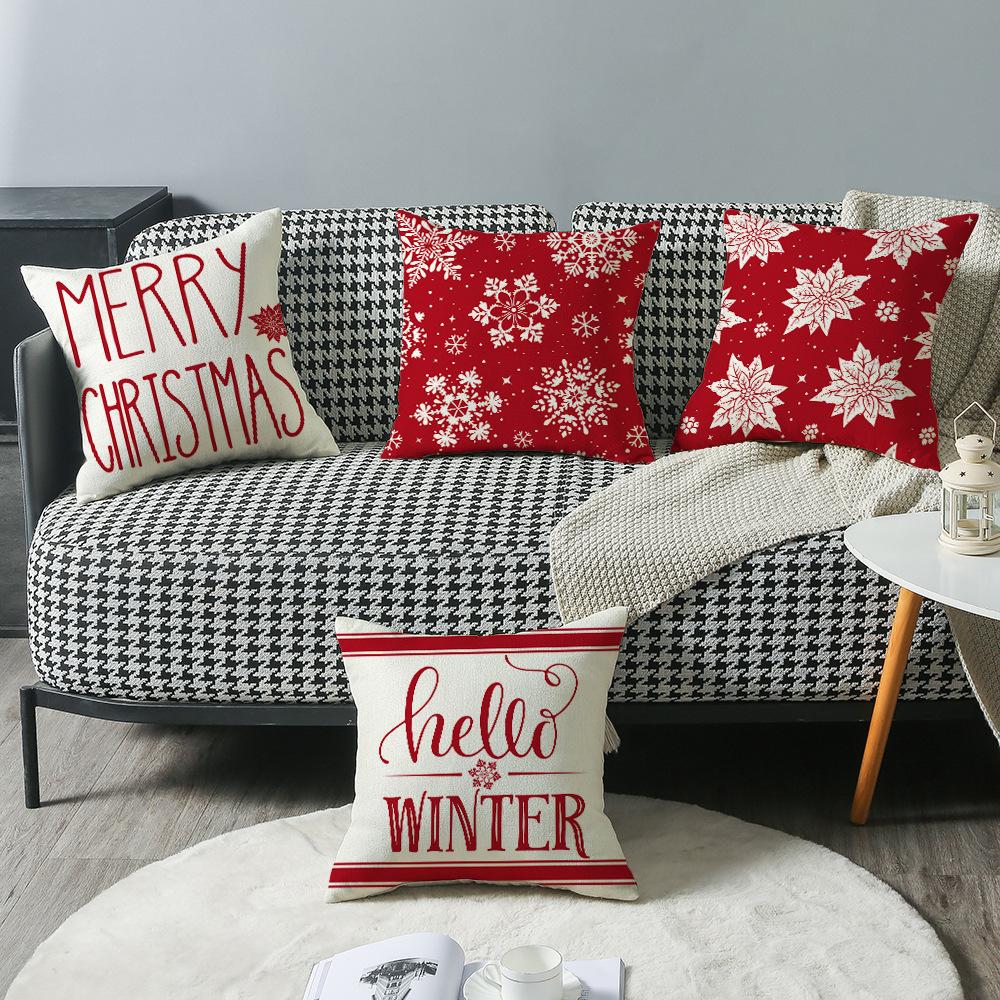 Christmas Red Pillowcase White Snowflake Linen Print Sofa Cushion Home Pillowcase