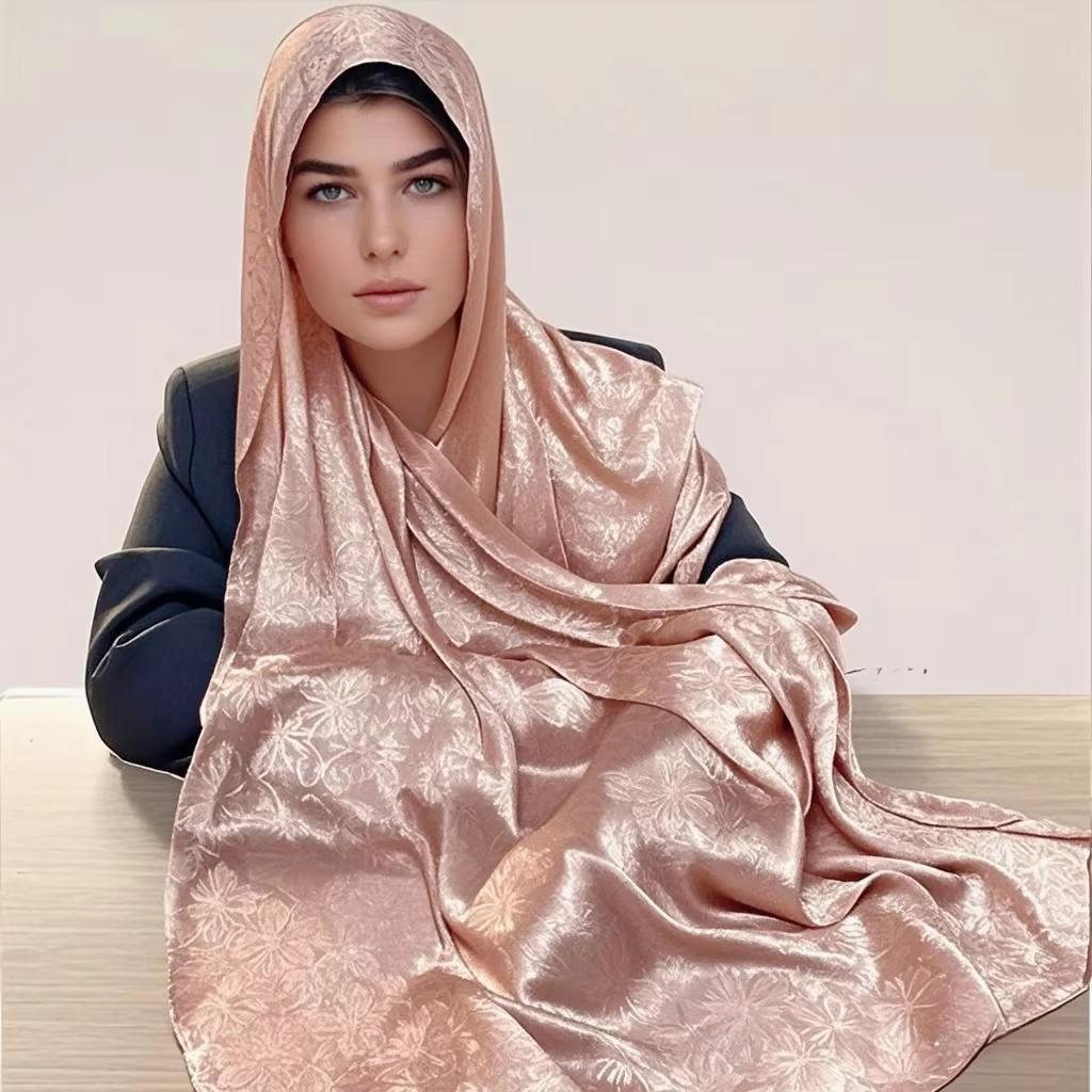 Glimmer Jacquard Satin Crinkle Hijab Silk Scarf Plain Muslim Women Hijabs Crepe Pleated Scarf Islam Women Turban Ramadan