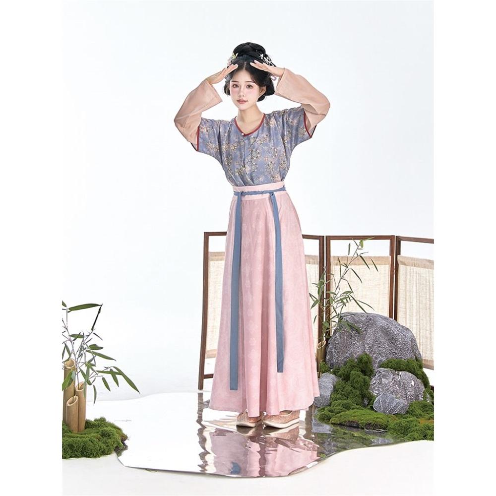 Restore The Chinese Tang Dynasty Style Hanfu Round Neck Shirt Tang Bei Zi And One-piece Skirt Daily Suit For Women