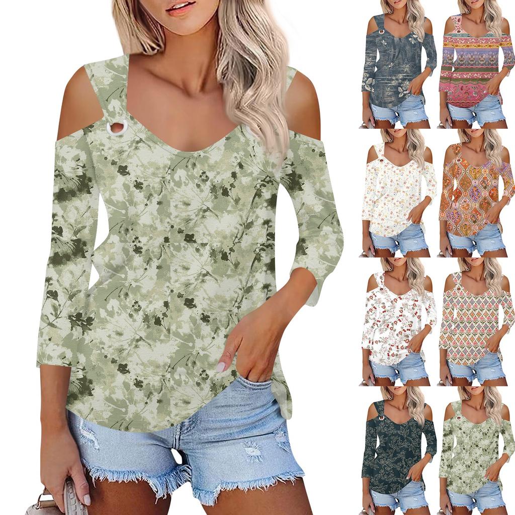 Women's Casual Shirt Blouse Print V-neck Sexy Cold Shoulder 3/4 Sleeve Top