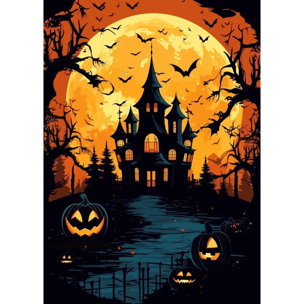 A Classic Vintage Wall Art Pumpkin Black Cat Ghost Painter Halloween Night, Printed Poster, Home Living Room Bedroom Decoration
