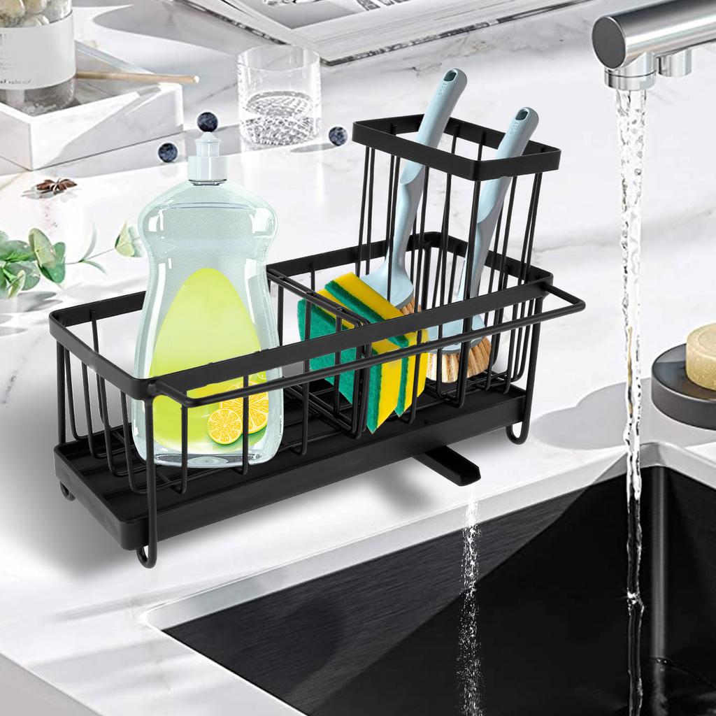 Kitchen Sponge Holder Carbon Steel Sink Drain Rack with Brush Holder and Adjustable Divider Kitchen Bathroom Storage Accessories