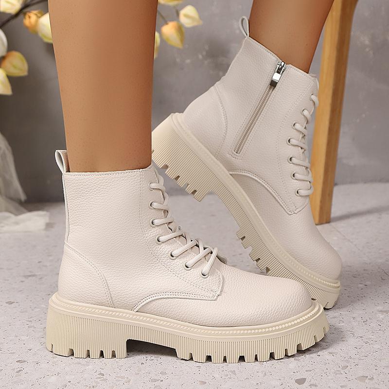 Fashion Fashion Gold PU Leather Platform Ankle Boots Women Thick Sole Lace Up Combat Booties Woman Autumn Winter Chunky Heel Short Boots