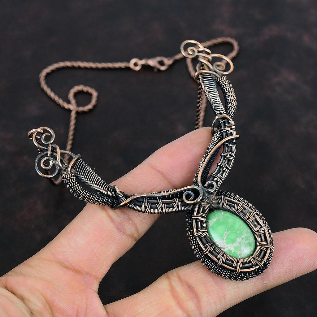 Collier Variscite Collier Enveloppé de Fil de Cuivre Bijoux en Pierres Précieuses Authentiques Collier Unique Fait Main Bijoux Variscite Cuivre Cadeaux d'Anniversaire