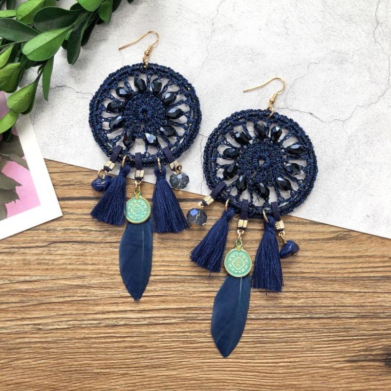 Bohemian crystal dream catcher net element feather earrings women's retro exaggerated temperament long fringed vacation earrings