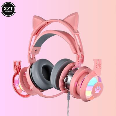 Glödande spelhörlurar med kattöron för PC-dator, spelheadset med mikrofon, brusreducering, trådbundna USB 3,5 mm för PS4/Xbox One