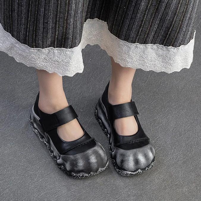 Johnature Sapatos retrô de bico redondo com sola grossa e couro legítimo, sapatos baixos femininos com sola macia