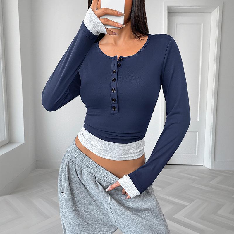 2025 Nové ležérní tričko s kulatým výstřihem, falešný dvoudílný top s dlouhým rukávem pro ženy